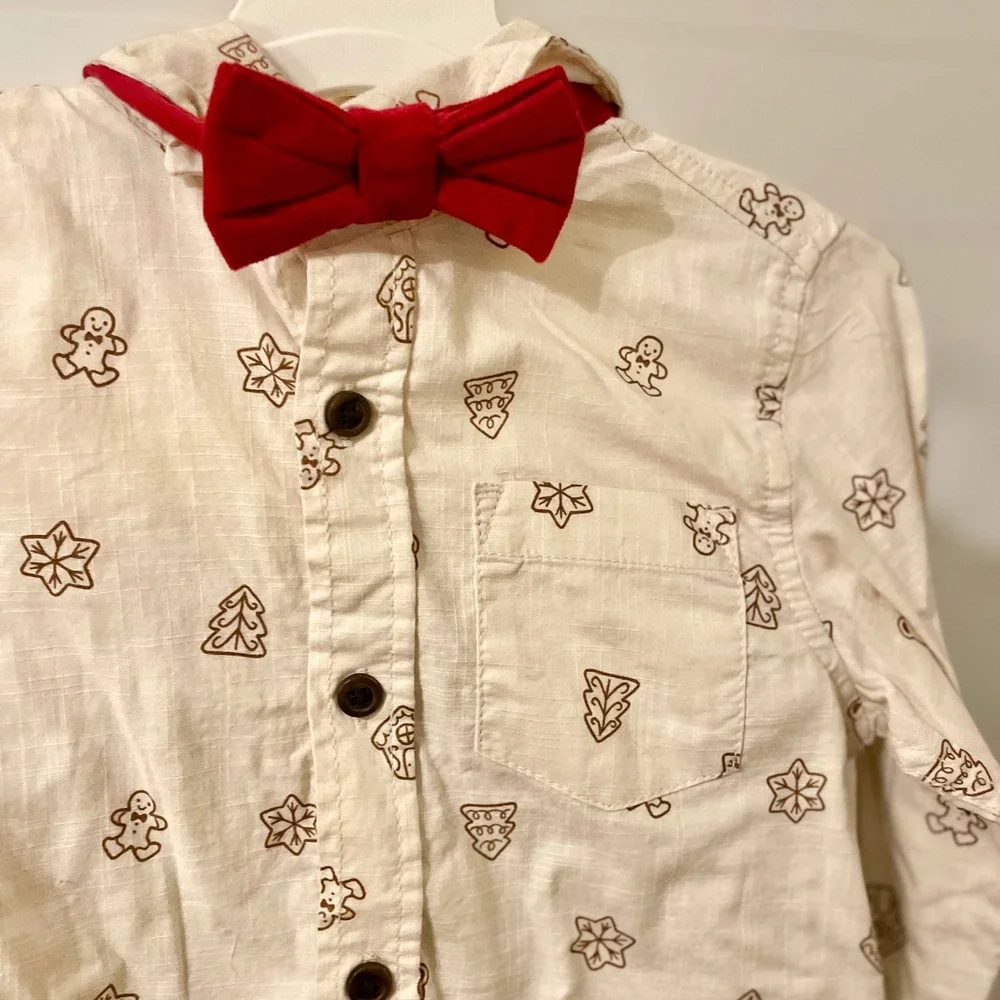 Cat & Jack‎ Boys Gingerbread Christmas Outfit Shirt Pants Bowtie Set 3T